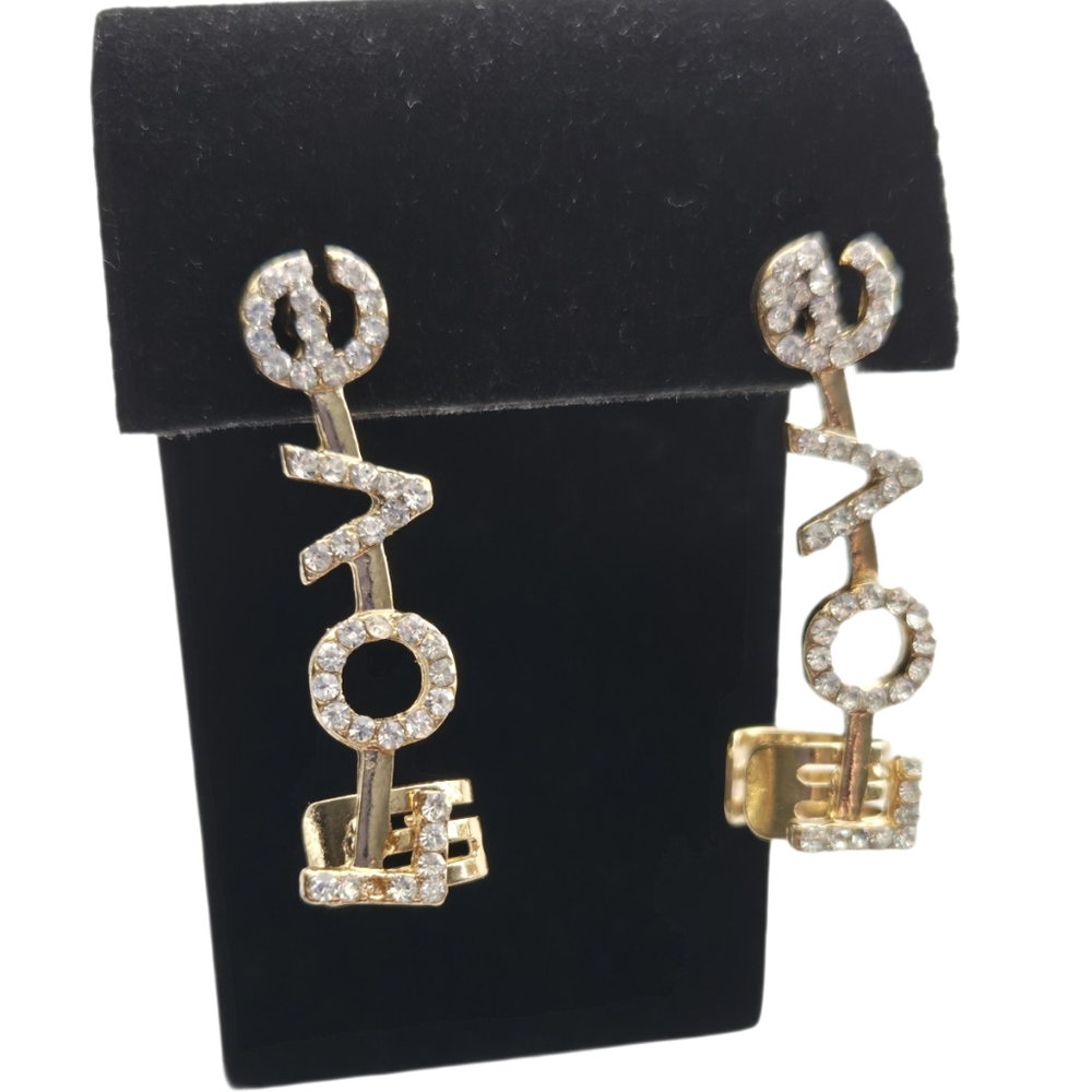 Gold Rhinestone LOVE Ear Cuff Drop Earrings Statement Dangle Fashion Jewelry - Picture 2 of 6
